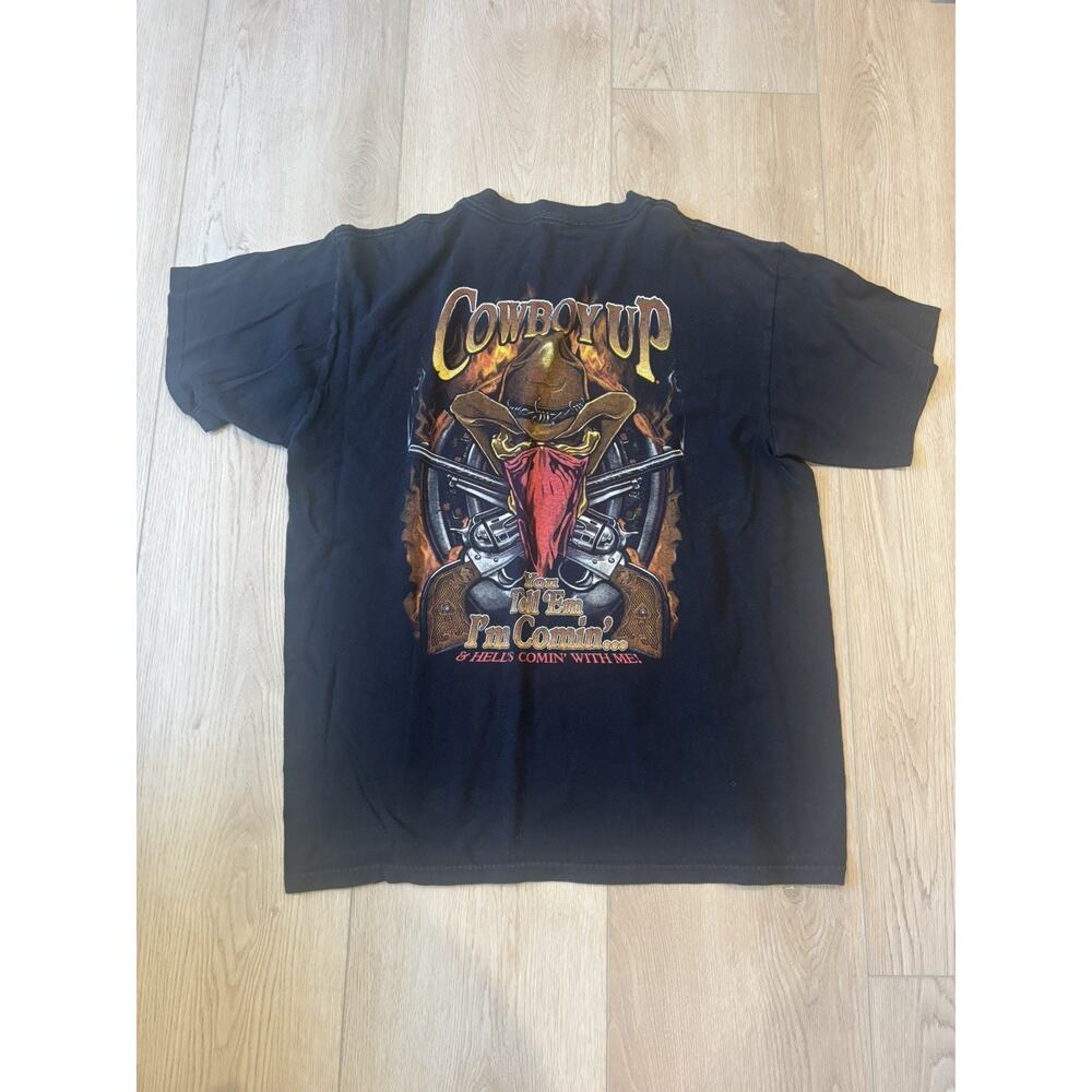 Cowboy Up Country Western Skull Guns Graphic Tee Short Sleeve Black T-Shirt